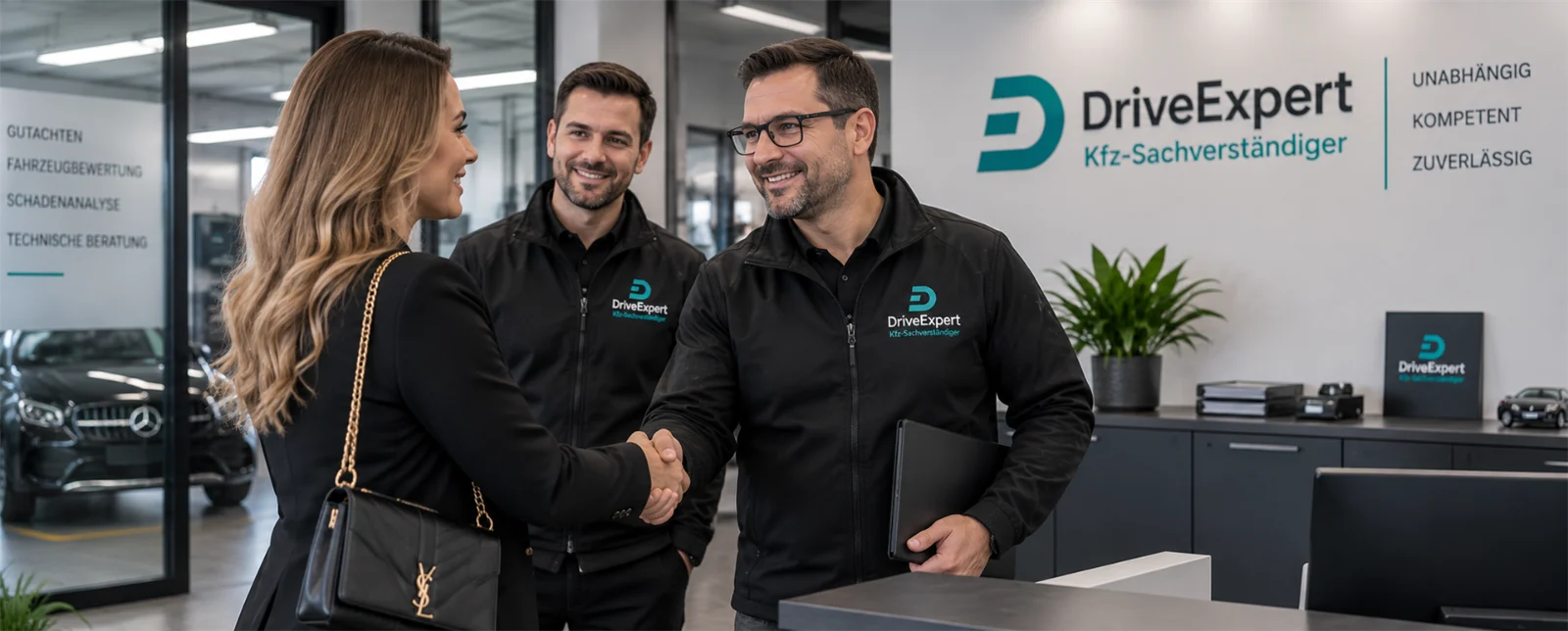 Zwei Drive-Expert-Mitarbeiter begrüßen im Empfangsbereich eine Kundin per Handschlag
