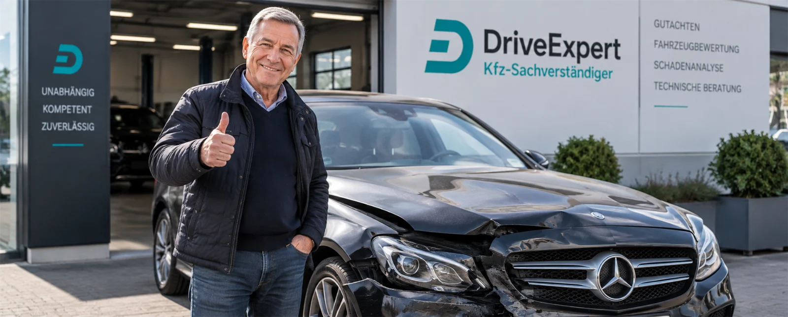 Lächelnder Kunde zeigt Daumen hoch vor einem unfallbeschädigten Mercedes vor dem Büro von Drive Expert