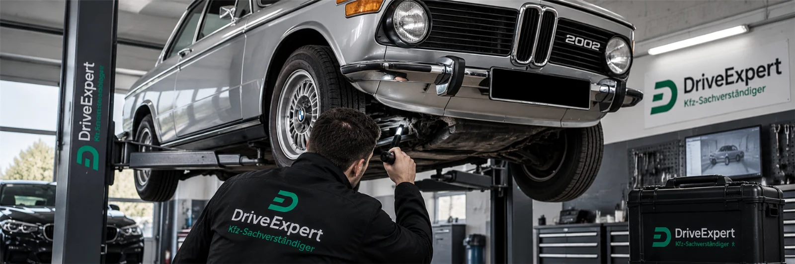 Kfz-Sachverständiger von Drive Expert prüft mit Taschenlampe den Unterboden eines BMW 2002 auf der Hebebühne