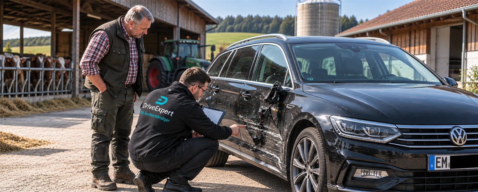 Drive Expert Sachverständiger begutachtet mit Tablet einen Unfallschaden an einem schwarzen VW neben einem Landwirt